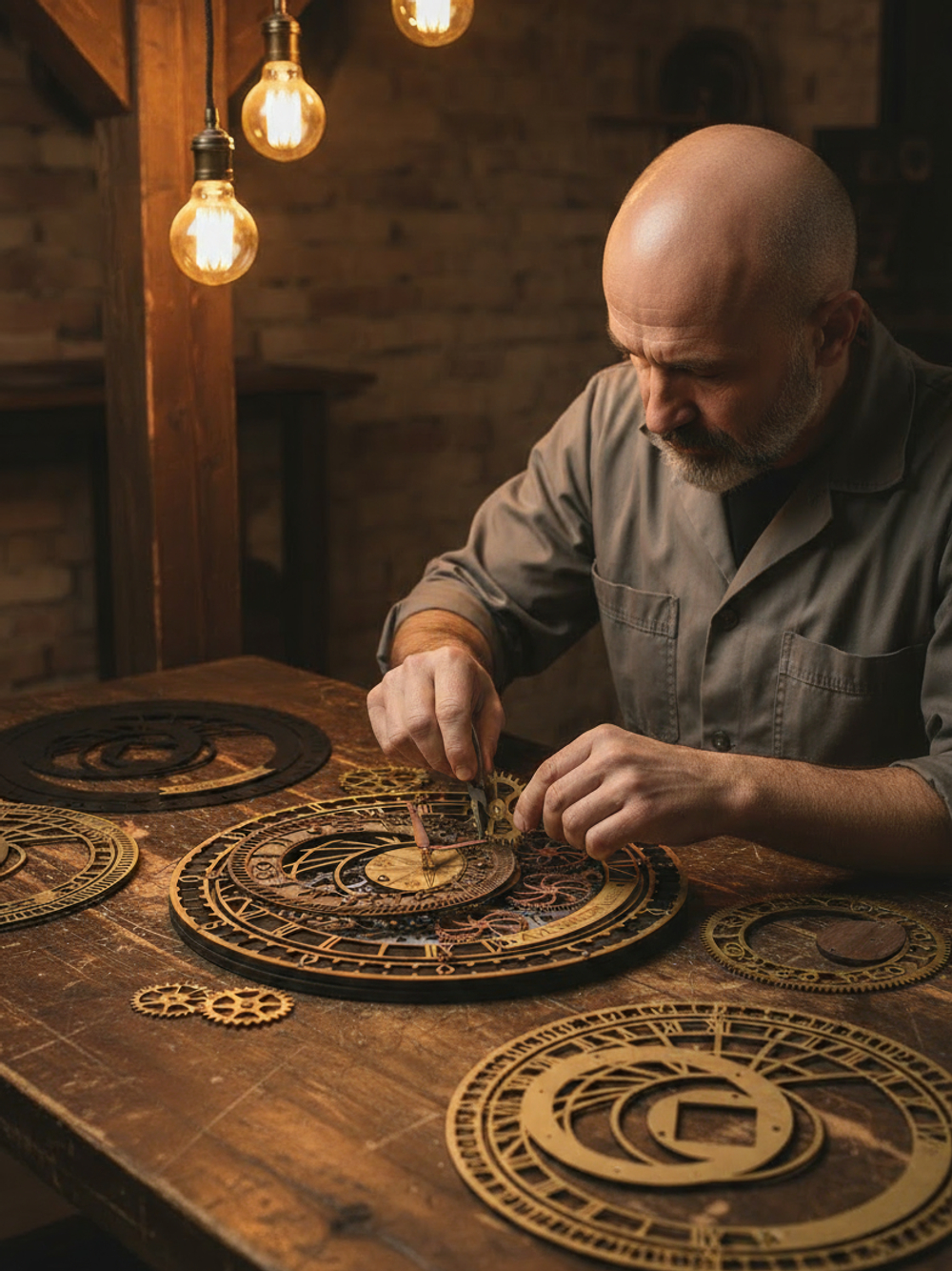 Мастер собирает настенные часы WOODandROOT Automaton Prague на верстаке, латунные детали и деревянные заготовки вокруг