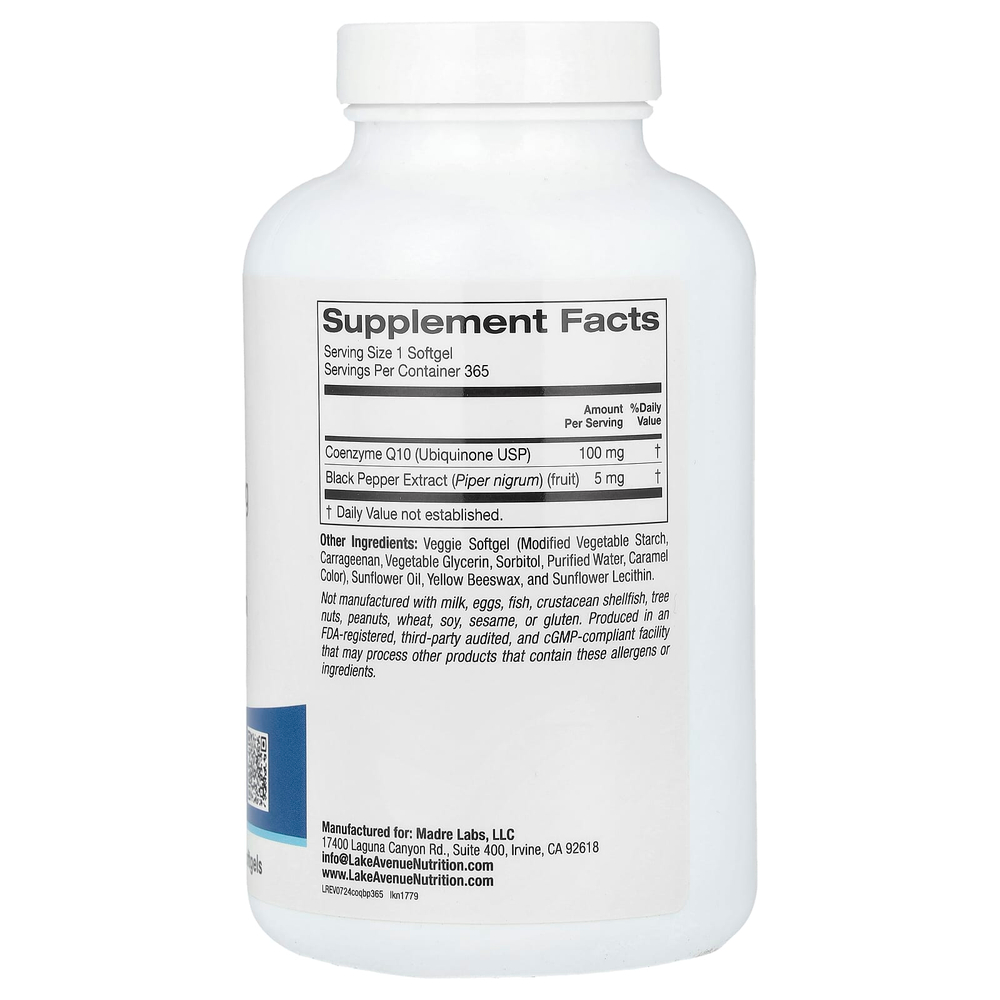 Lake Avenue Nutrition, CoQ10 Plus BioPerine, 100 мг, 365 растительных капсул