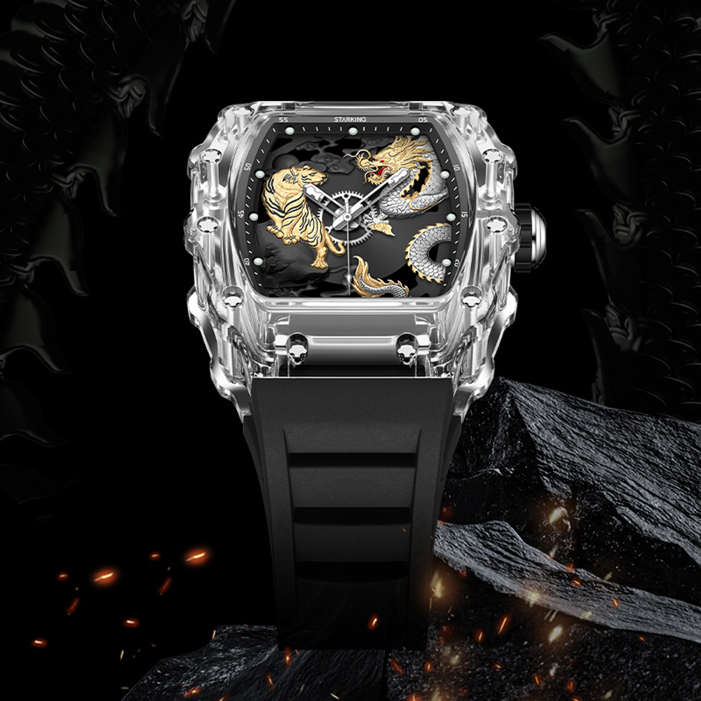 STARKING Soaring Dragon Leaping Tiger Collection Quartz Movement Silicone Strap Watch Unisex Black Dial