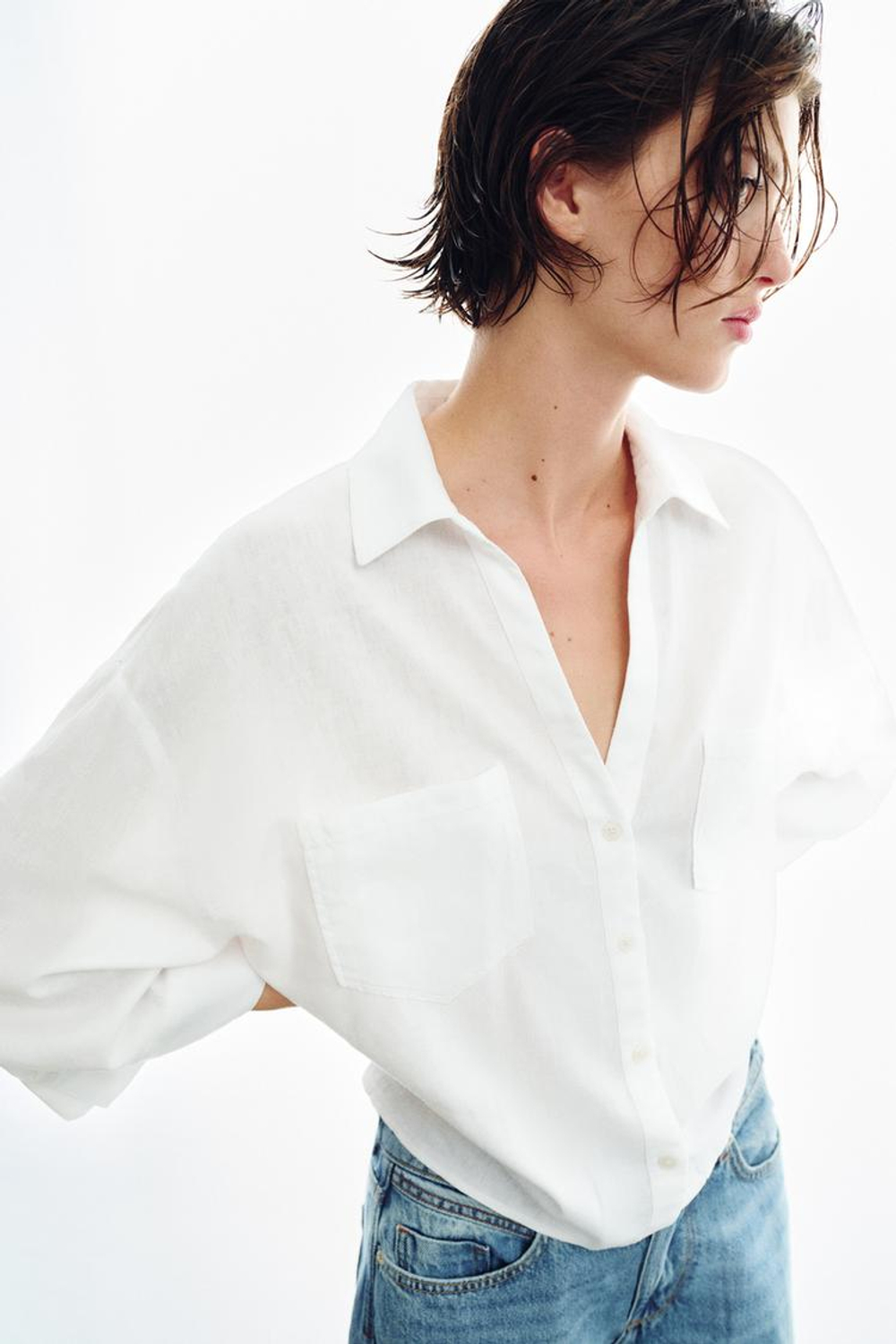 ZARA СВОБОДНАЯ РУБАШКА ИЗ ЛЬНА, БЕЛЫЙ