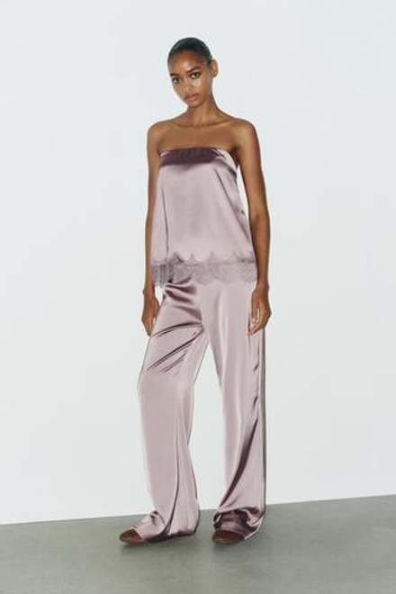 ZARA АТЛАСНЫЕ БРЮКИ С ВЫСОКОЙ ПОСАДКОЙ, СЕРО-КОРИЧНЕВЫЙ
