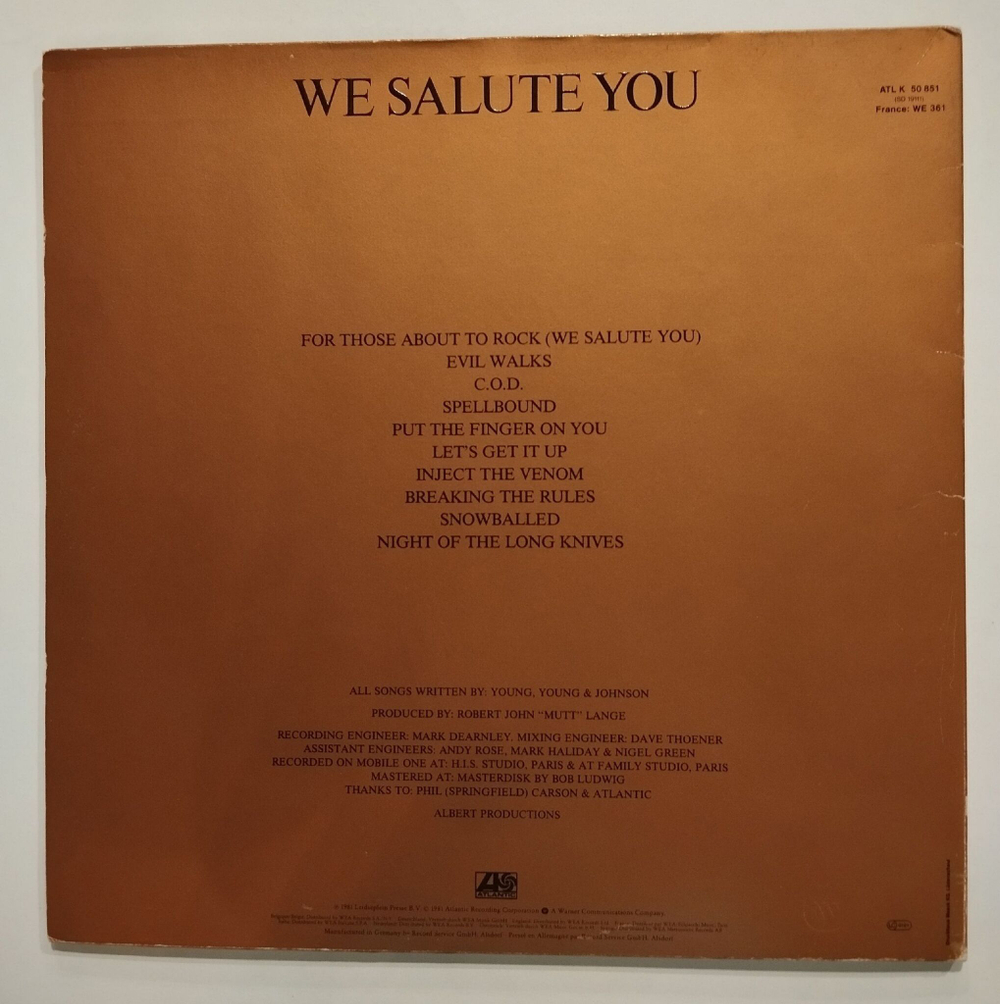 Винтажная виниловая пластинка LP AC/DC For Those About To Rock We Salute You (Germany 1981)