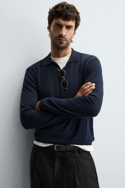 ZARA ПОЛО ИЗ ХЛОПКА И ШЕЛКА, МОРСКОЙ СИНИЙ