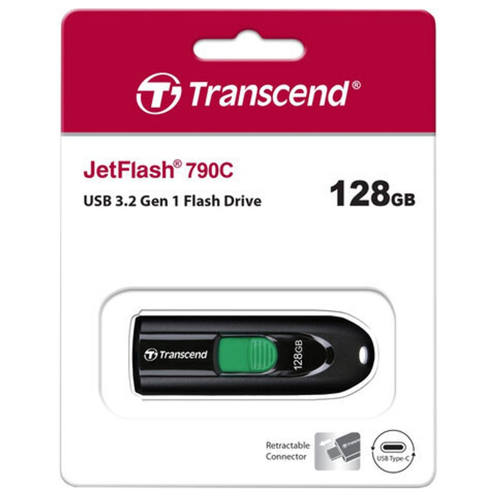 Флеш-диск 128 GB TRANSCEND JetFlash 790C, разъем USB Type-С, черный/зеленый, TS128GJF790C