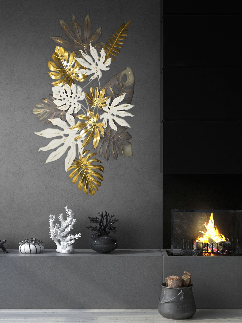 Панно на стену для интерьера декоративное большое металлическое "Листья монстеры" 130*71 см