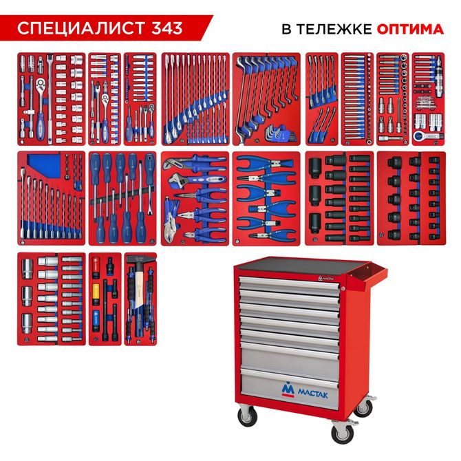 МАСТАК (52-07343R) Набор инструментов 343 предмета, "СПЕЦИАЛИСТ 343", в красной тележке