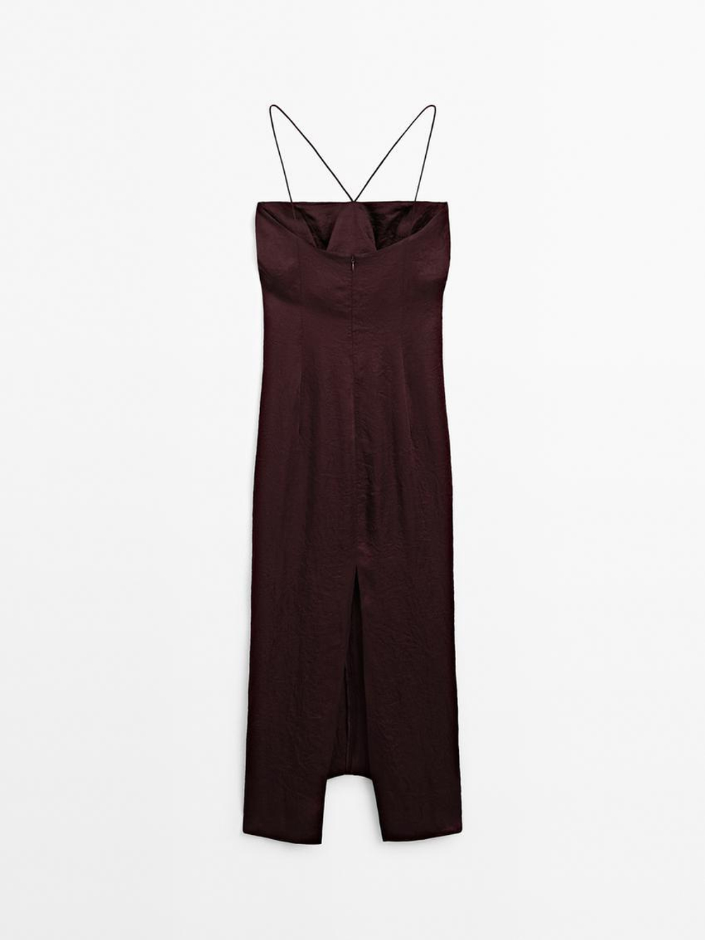 Massimo Dutti Платье миди из атласа с драпировкой, бордовый