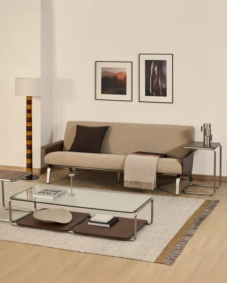 3-местный диван Amsen светло-коричневый с подлокотниками из шпона ореха