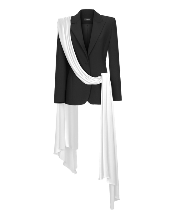 Жакет однобортный из крепа и сатина с асимметричной драпировкой