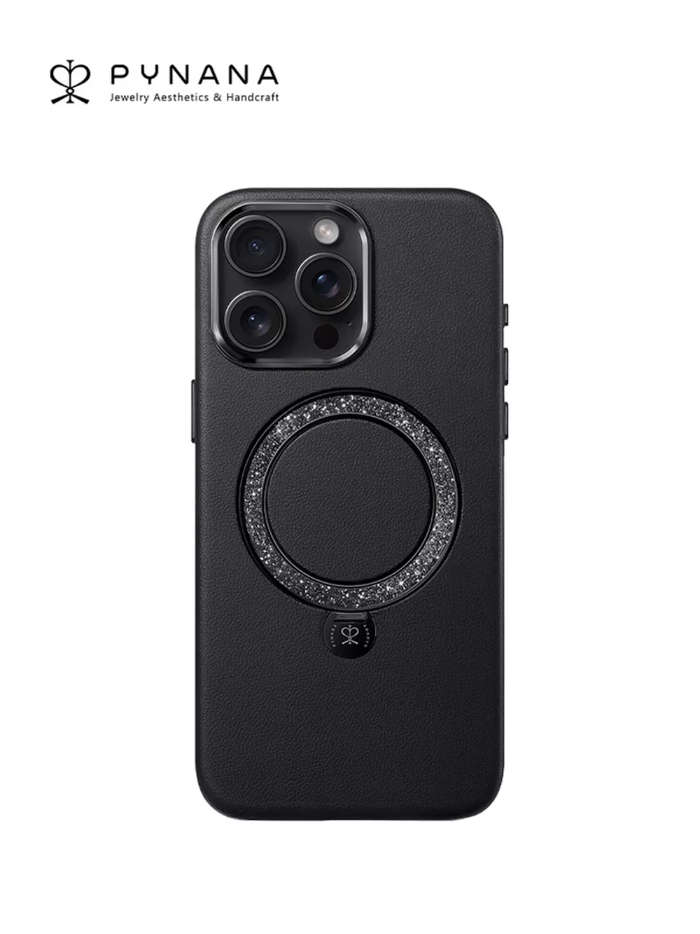 Чехол PYNANA для iPhone 15 PRO MAX кожа, австрийский хрусталь, полуночно-черный