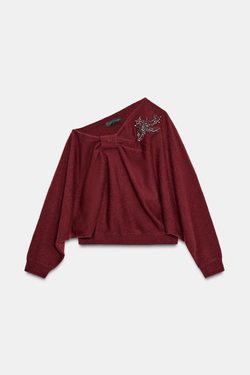 ZARA АСИММЕТРИЧНЫЙ СВИТЕР С ОТДЕЛКОЙ ИЗ СТРАЗ, ГРАНАТОВЫЙ