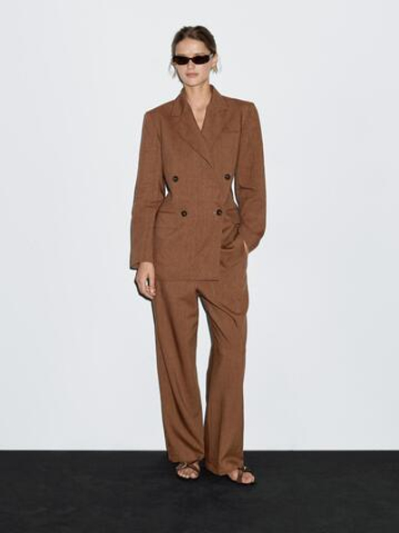 Massimo Dutti Брюки из смесового льна с широкими штанинами, коричневый