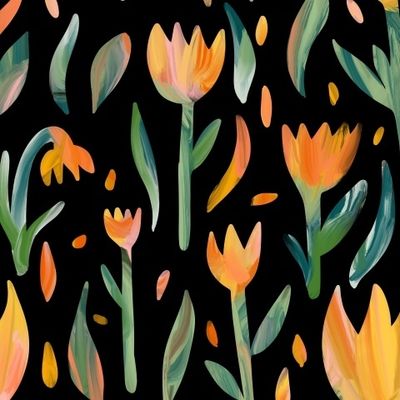 Абстрактные тюльпаны на чёрном фоне. Стилизованные цветы. Имитация масленных красок