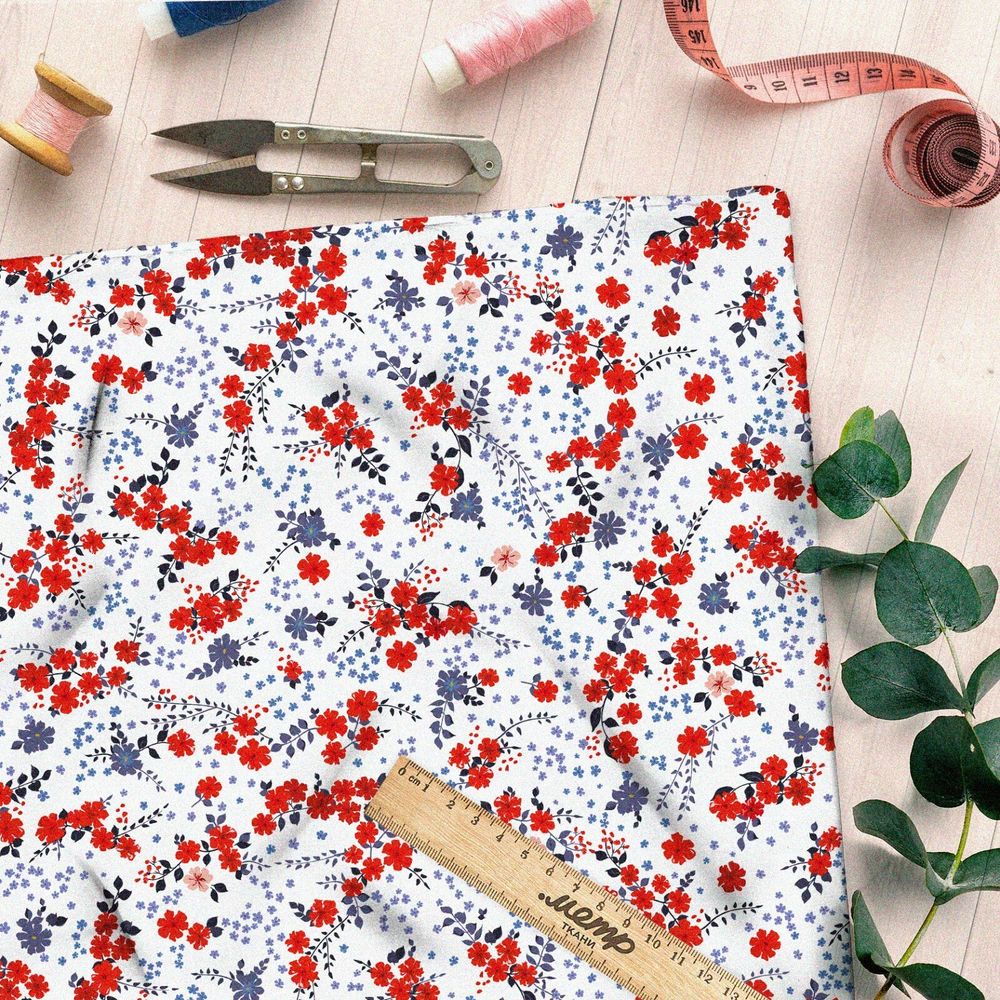 Ткань муслин мелкие красные цветочки