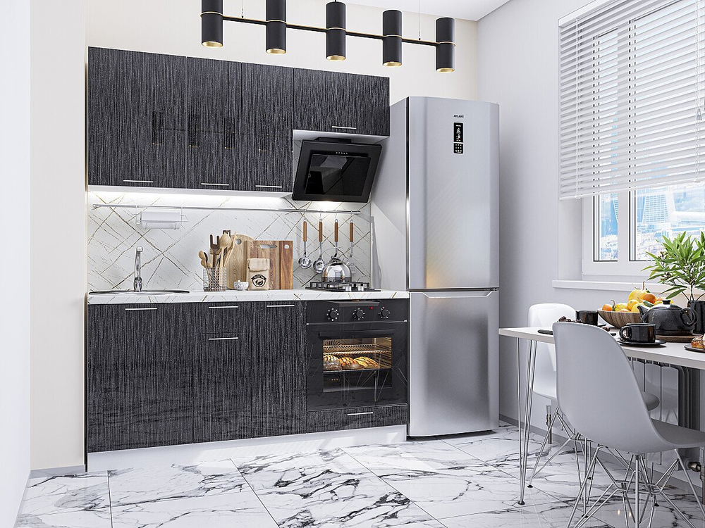 Прямая модульная кухня Валерия-М-06 Черный металлик дождь - Дуб Вотан 2140*1700*600