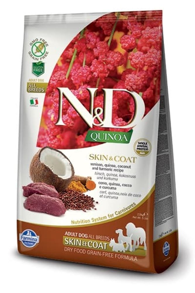 Сухой беззерновой корм N&D Quinoa для взрослых собак с олениной, уход за кожей и шерстью 2,5кг Сухой беззерновой корм N&D Quinoa для взрослых собак с олениной, уход за кожей и шерстью 2,5кг