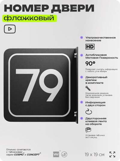 Табличка флажковая с номером 79 на дверь квартиры, для офиса, кабинета, аудитории, склада, черная двустороняя 19х19 см, Айдентика Технолоджи