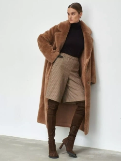 Шуба чебурашка длинная из овечьей шерсти, светло-коричневая, SilverFox