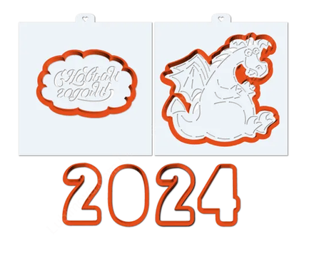 Дракон 2024. Набор форм для пряников и трафаретов. 5 форм, 2 трафарета.