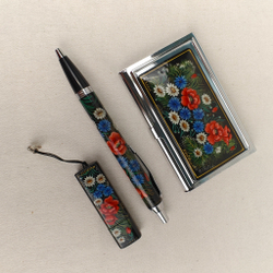 Набор "Полевые цветы" визитница, флешка и ручка Parker с ручной росписью Палех в футляре