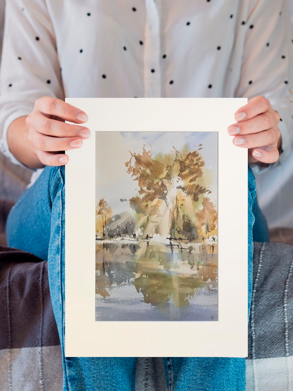 Картина авторская акварельная в паспарту 30х40 см на стену для интерьера "Берег Сетуни. Осень"