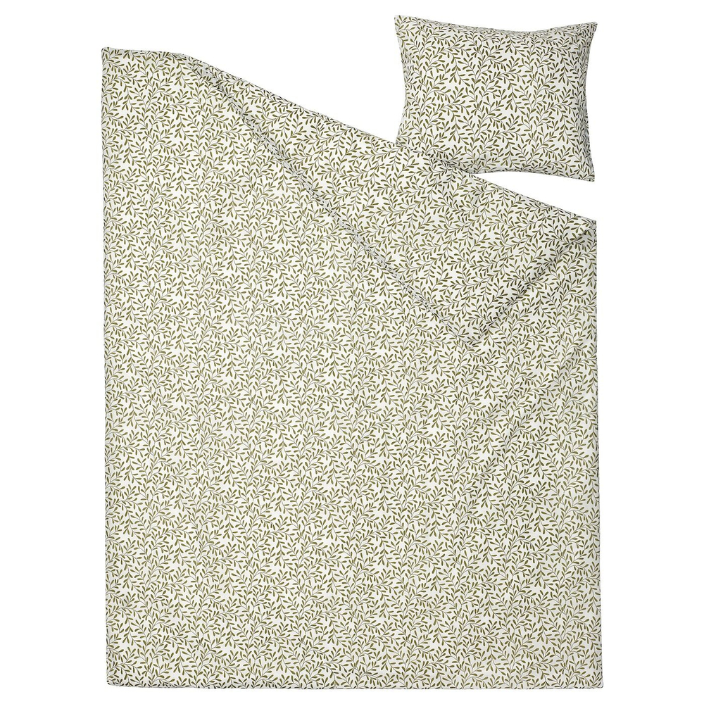IKEA SORGMANTEL  (ИКЕА СОРГМАНТЕЛ)  -  Пододеяльник и наволочка, белый/зеленый, 150x200/50x60 см