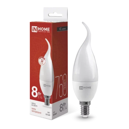 Лампа светодиодная LED-СВЕЧА НА ВЕТРУ-VC 8Вт 230В Е14 4000К БЕЛЫЙ СВЕТ 760Лм IN HOME