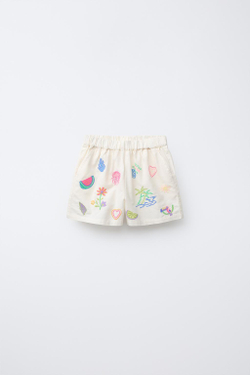 ZARA ШОРТЫ-БЕРМУДЫ С ВЫШИВКОЙ, ЭКРЮ