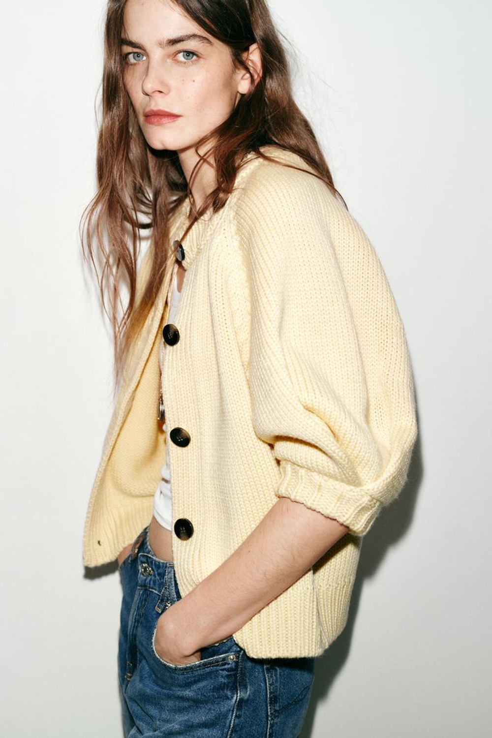 ZARA КАРДИГАН С ОБЪЕМНЫМИ РУКАВАМИ, ЯИЧНО-ЖЕЛТЫЙ
