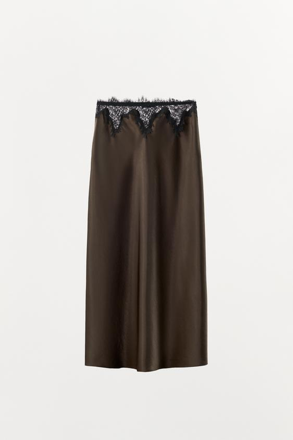 ZARA АТЛАСНАЯ ЮБКА С КРУЖЕВОМ, ЗЕЛЕНЫЙ