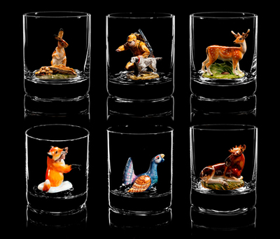 Подарочный набор "Русская Охота" в футляре из ореха. Шесть бокалов.