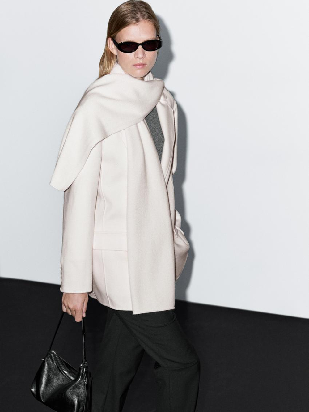 Massimo Dutti Блейзер из смесовой шерсти с шарфом, белый