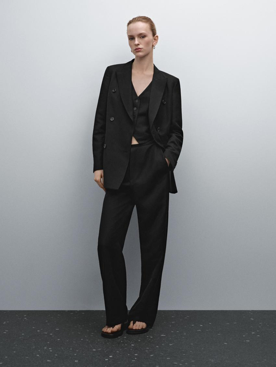 Massimo Dutti Брюки из смесового льна с лаконичным дизайном, черный