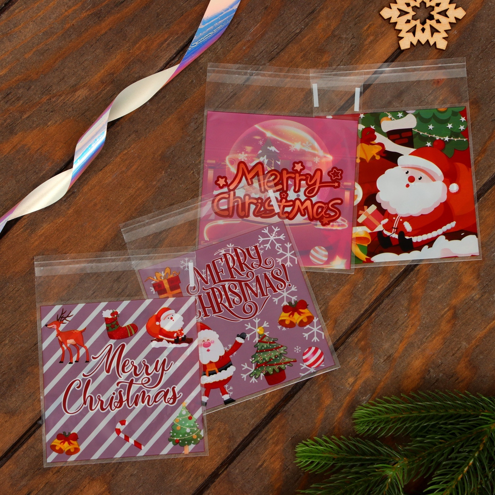 Пакет подарочный новогодний БОПП с липкой лентой, «МИКС новогодний», 10×10+3 см, 10495535