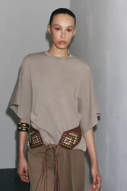 ZARA ФУТБОЛКА ИЗ ТКАНИ С ЭФФЕКТОМ ПОТЕРТОСТИ С ШИРОКИМИ РУКАВАМИ, СЕРОВАТО-КОРИЧНЕВЫЙ