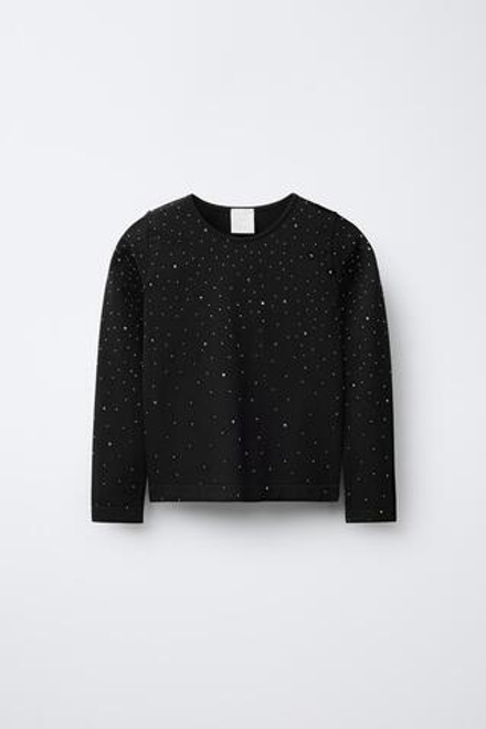 ZARA БЕСШОВНАЯ ФУТБОЛКА СО СТРАЗАМИ, ЧЕРНЫЙ