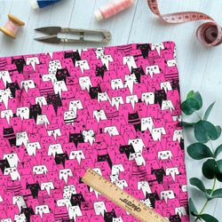 Ткань сатин розовые, белые и чёрные коты