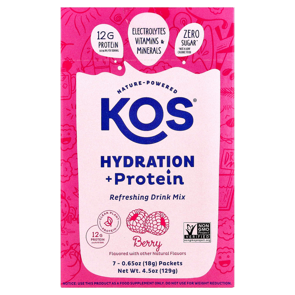 KOS, Hydration + Protein, освежающая смесь для напитков, ягоды, 7 пакетиков по 18 г (0,65 унции)
