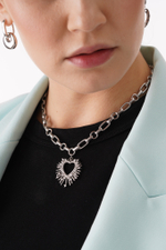 Латунная цепочка с большим Сердцем и Фианитами, silver