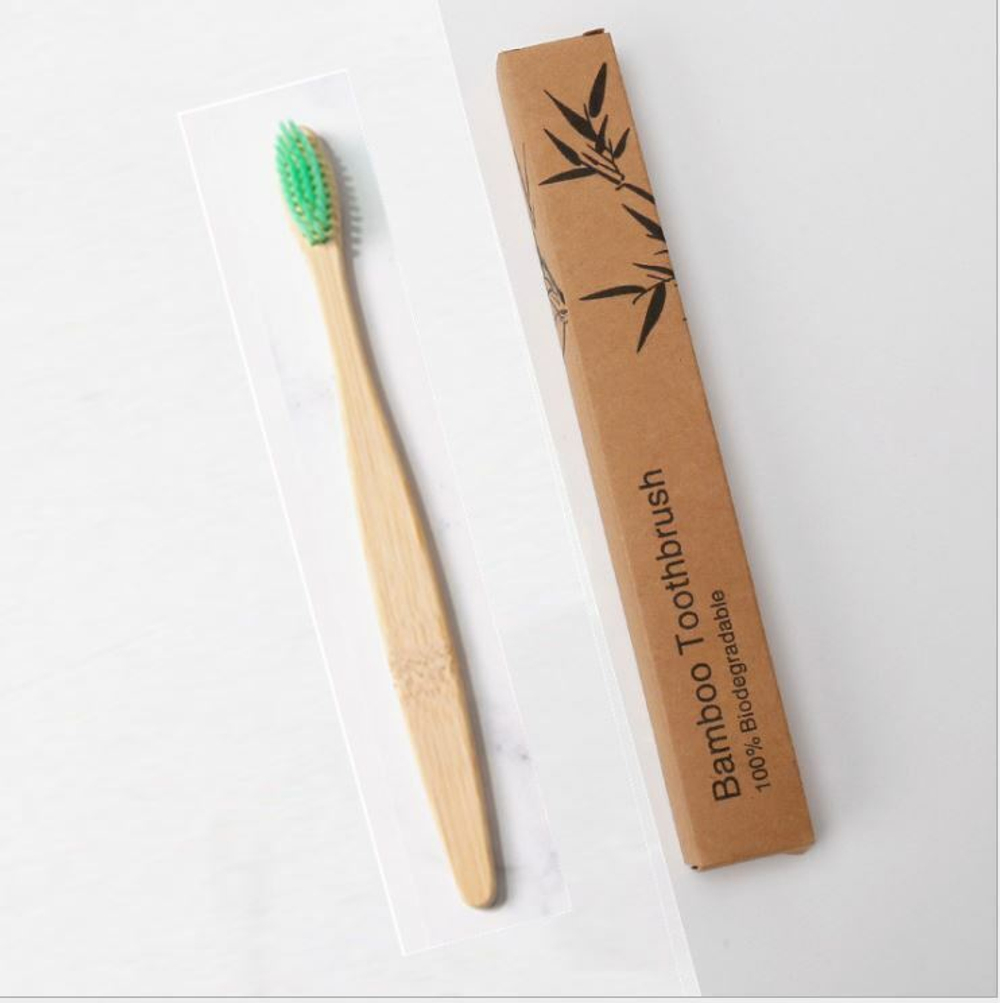 Зубная щетка из бамбука, щетина с угольным напылением,bamboobrush, ​ 1 шт. (средняя жесткость), плоская ручка. цвета в ассортименте.