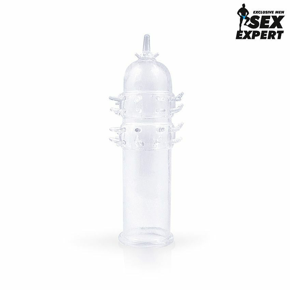 Закрытая прозрачная насадка на пенис с шипиками - 12 см. (Цвет: прозрачный)