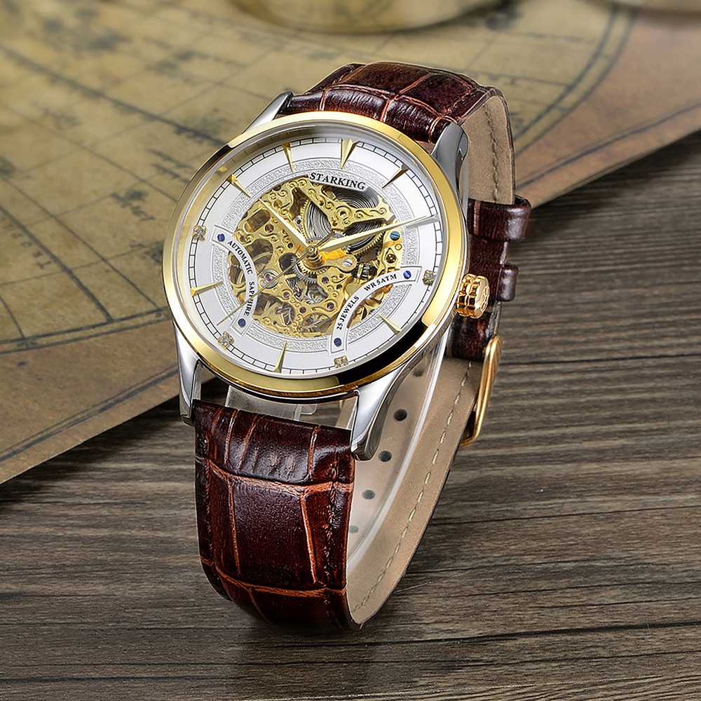 STARKING Automatic Mechanical Movement Stainless Steel Watchband Watch Men"s Watches Skeleton Dial