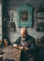 Мастер WOODandROOT собирает механизм за рабочим столом, а мятные резные часы-наличник на стене создают атмосферу спокойного северного ремесла.