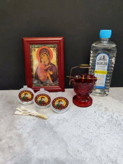 Набор для каждения ладана: Ладан Афонский 3 вида по 10 гр, Вазелиновое масло (0,5 л), Красная лампада из стекла, держатель, фитиль, паучок