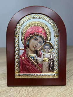 Казанская БМ, икона арочная, красное дерево, эмаль 105х140