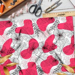 Ткань шелк Армани листья и розовые пятна на белом фоне