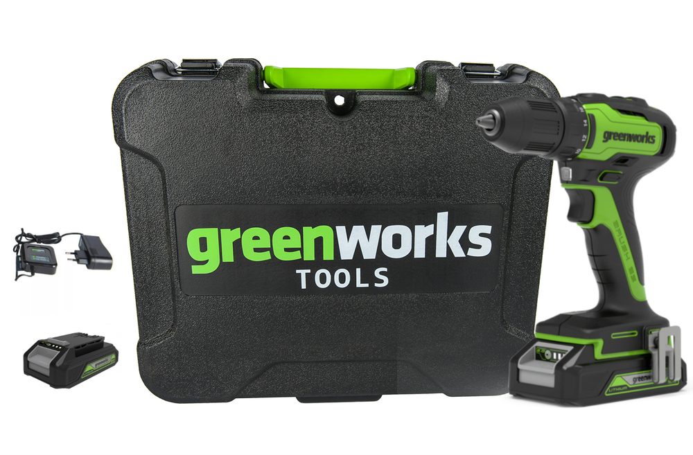 Аккумуляторная дрель шуруповерт Greenworks GD24DD35K2,3704007UA, 24v, АКБ 2 А·ч и ЗУ в кейсе