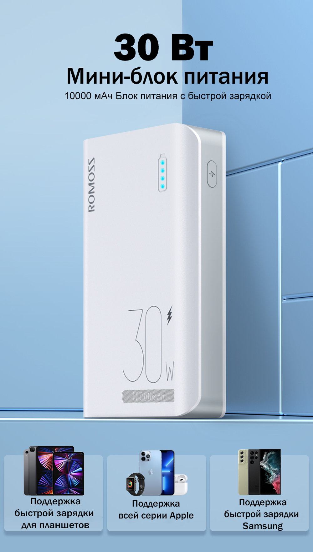 Внешний аккумулятор Romoss Sense 4S Pro/ 10000мАч/ 30 Вт быстрая зарядка