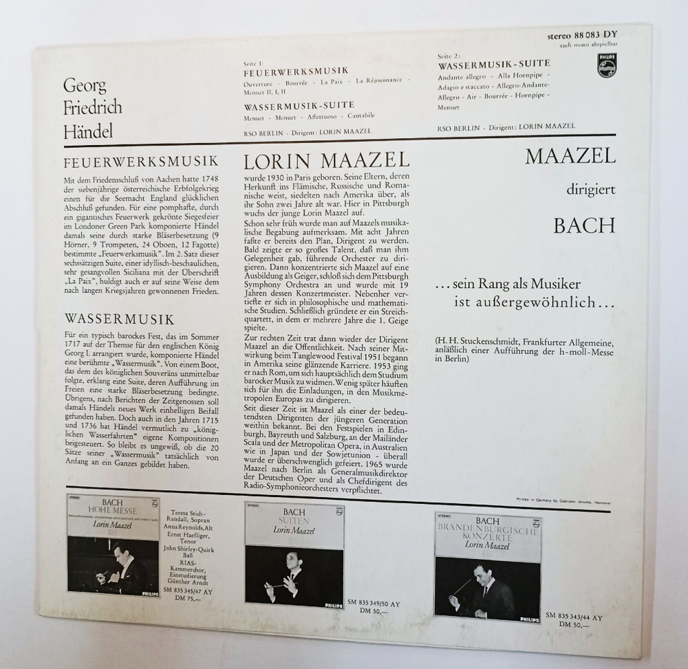Винтажная виниловая пластинка LP Handel, Гендель Lorin Maazel, RSO Berlin Wassermusik Suite Feuerwerksmusik Берлинский Оркестр (Germany 1970)