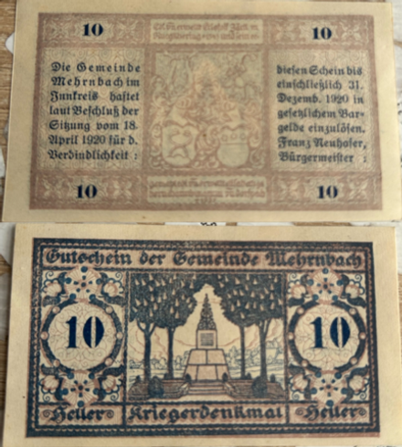 Австрия 10 геллеров 1920 Мернбах aUNC